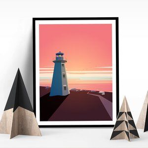 Lighthouse At Sunset - East Coast Cliff - Digital Art Poster Print - East Coast